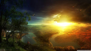 一個人坐在懸崖上，觀看蜿蜒河谷上空 vibrant 的夕陽。