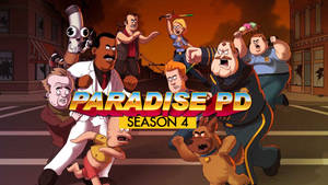 Paradise PD 第四季角色在燃燒的街道場景中奔跑。