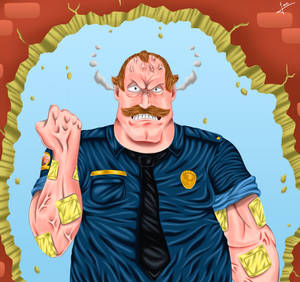 卡通警察以憤怒表情衝破磚牆。 — 卡通 壁紙