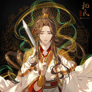 身穿白色和金色長袍的動漫戰士，手持劍和粉紅色的花，帶有發光的光環。