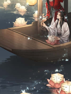兩個身穿傳統長袍的人在平靜的夜湖上從木船釋放發光的蓮花燈籠。