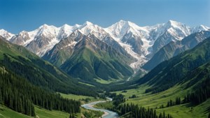 一條河流蜿蜒穿過綠色山谷，周圍是雪山，在清澈的藍天下。