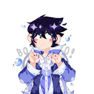 動漫男孩穿著藍白服裝，頭髮帶有星星圖案，吹著藍色泡泡。