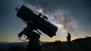 一個人在山丘上夜間用望遠鏡觀察銀河。 — 科學 壁紙
