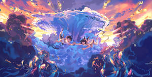 兩個孩子在日落時分飛過魔法雲漩渦。 — 唯美雲朵動態 壁紙