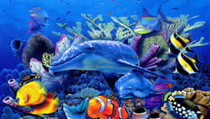 海豚和熱帶魚在深藍色海洋中色彩繽紛的珊瑚礁中游動。 — 海 壁紙