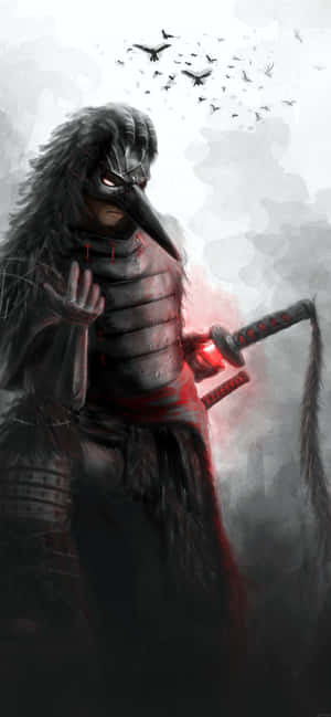 武士手持發光劍，鳥兒在霧濛濛的灰色天空中飛走。 — 日本龍動畫 壁紙