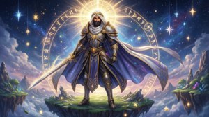 一位穿著盔甲的奇幻戰士站在浮島上，在星空下握著劍，周圍有發光的符文。