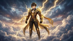 身穿金色鎧甲的動漫英雄，被閃電和暴風雲環繞。