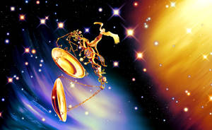 帶有華麗天秤的金色天秤座符號，漂浮在佈滿星星的宇宙背景中。 — 神之塔 壁紙