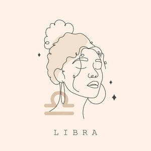 以極簡線條藝術風格化的女性面孔與天秤座星座符號。