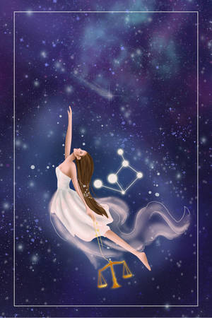 女子在星空漂浮，手持天秤座星座和天秤。