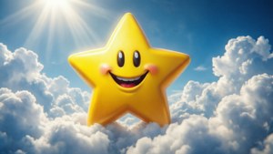 一顆微笑的黃色卡通星星漂浮在白雲之上，上方有明亮的太陽照耀。