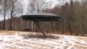 冬季雪林中懸浮的 UFO。