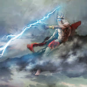戴著皇冠和紅色披風的神，在暴風雲中擲出閃電。