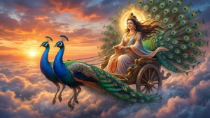 戴著孔雀頭飾的女神乘坐由孔雀拉著的戰車穿越夕陽雲層。