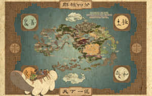 一張詳細的奇幻地圖，顯示四個國度和一隻載著旅人的飛天野牛。