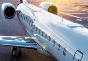 金色夕陽下，銀色私人飛機停在機場停機坪上。