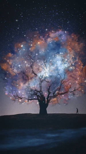 一個人在樹下行走，樹枝閃耀著星星和星雲，背景是繁星點點的夜空。