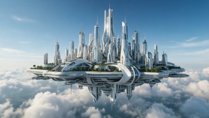 漂浮在天空中的未來城市，以白色和銀色建築為主。 — 建築 壁紙