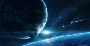 從太空看到的地球和月球，帶有發光的極光和流星。