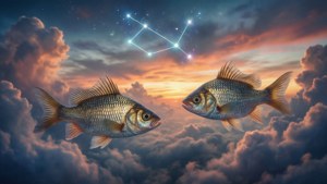 兩條魚在雲端與雙魚座星群中游弋，超現實的日落景色。 — 雙魚座 GIF 壁紙