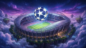 漂浮球場，UEFA 歐聯足球懸浮在上方，星空下