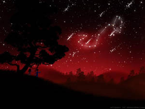 兩個孩子在樹下觀看紅色夜空中的流星。