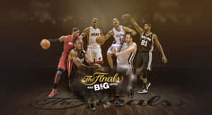 六名來自邁阿密熱火和聖安東尼奧馬刺的NBA球員擺出動態的籃球決賽姿勢。