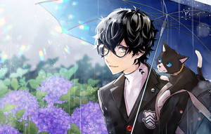 戴眼鏡的動漫男孩和黑貓在傘下雨中，伴隨紫色花朵。