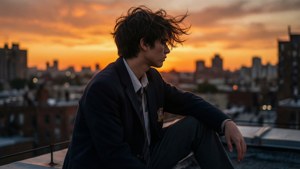 身穿校服的青少年在日落時分坐在屋頂上，俯瞰城市