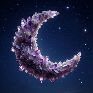 由紫色紫水晶晶體製成的彎月，在星空下