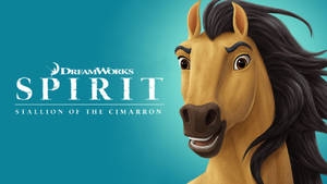 來自DreamWorks Spirit的動畫馬角色微笑，帶有標題文字。