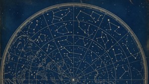 復古星圖，以藍色和金色顯示星座和世界地圖。