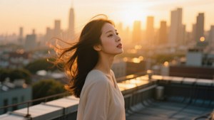 女性在屋頂上，風吹動她的頭髮，黃金時刻城市日落