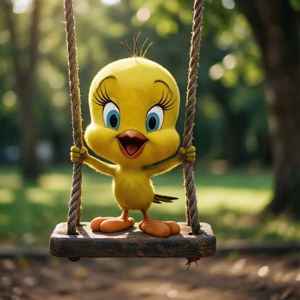 一隻黃色卡通鳥，有藍眼睛，站在陽光公園的木鞦韆上。