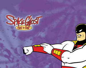 Space Ghost 在紫色太空背景下擺出超級英雄姿勢。