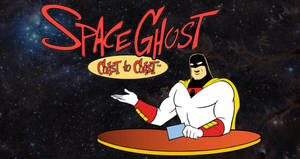 Space Ghost 卡通角色坐在太空中的飛碟上，帶有標題文字。