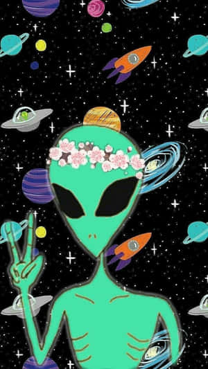 綠色外星人戴著櫻花頭帶，在行星和火箭之間做出和平手勢。