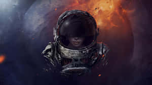 太空人戴著破裂的頭盔在熾熱行星附近的太空中漂浮。