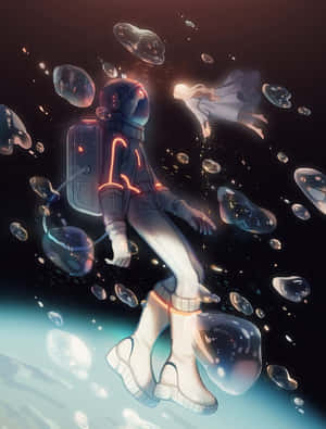 太空人在太空漂浮，有發光氣泡和一個發光人影靠近行星。 — 太空 壁紙