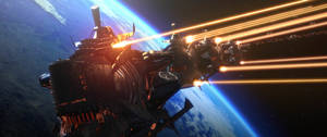 未來太空船在地球上空軌道發射激光 — 3440x1440 壁紙