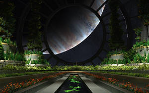 夜晚的未來感圓頂花園，透過圓形窗戶可以看到一顆巨大的行星。 — 未來風格動態圖 壁紙