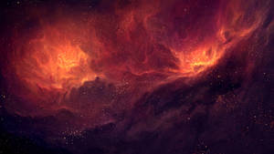 在深空中帶有發光氣體和星星的鮮豔紅色和橙色星雲。