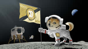 一隻穿著太空衣的狗在月球上插上Dogecoin旗幟，背景有地球。