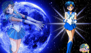 兩個美少女戰士角色在星空背景下戲劇性地擺姿勢，伴隨著一輪巨大的藍色月亮。
