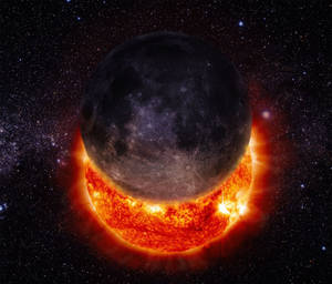 月亮遮蔽太陽，帶有太陽耀斑，在星空宇宙中