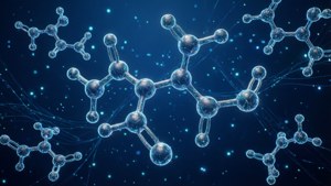 在星空藍色數位空間中漂浮的發光分子結構