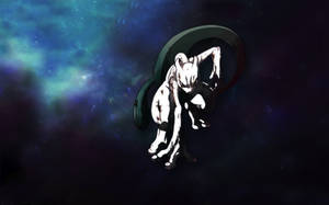 動漫貓帶綠色環漂浮在太空星雲中