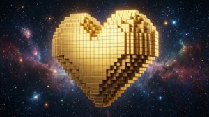 金色像素心臟漂浮在色彩繽紛的星空星雲中。
